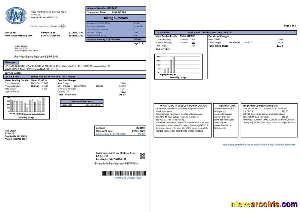USA Minnesota Itasca-Mantrap electricity utility bill 2 pages